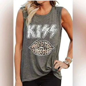 Kiss Graphic Women’s XL‎ Grey Distressed Sleeveless Retro Concert Lips T-Shirt